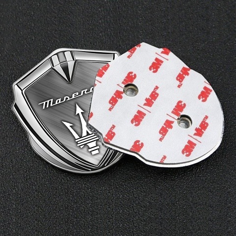 Maserati Metal Emblem Self Adhesive Silver Brushed Aluminum White Logo