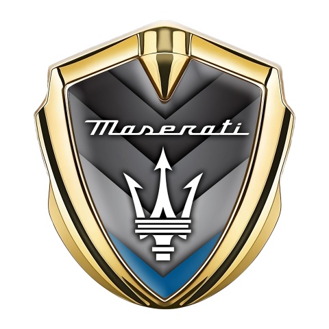 Maserati Metal Emblem Self Adhesive Gold Blue Cone Base Trident Logo
