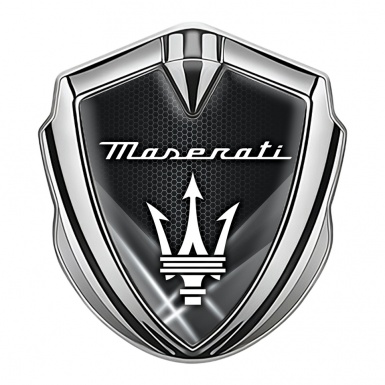 Maserati 3D Car Metal Emblem Silver Hex Light Beams White Trident Logo