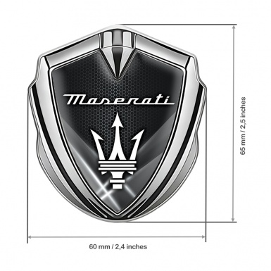 Maserati 3D Car Metal Emblem Silver Hex Light Beams White Trident Logo