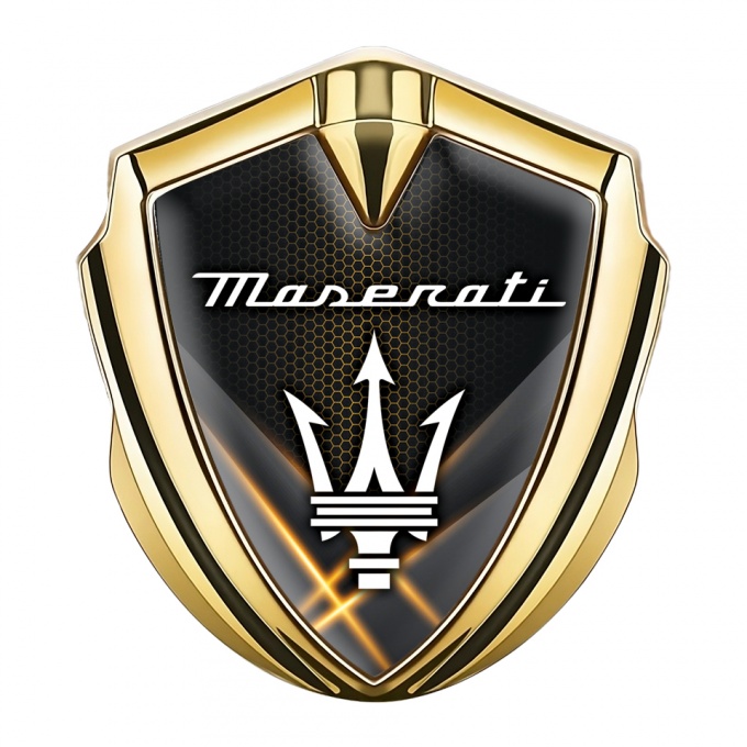 Maserati Bodyside Emblem Gold Orange Light Beams White Trident Logo