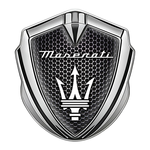 Maserati Trunk Emblem Badge Silver Dark Hexagon White Trident Logo