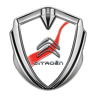 Citroen 3D Car Metal Emblem Silver White Base Red Ribbon Design