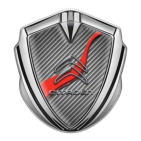 Citroen Fender Metal Emblem Badge Silver Carbon Base Red Ribbon