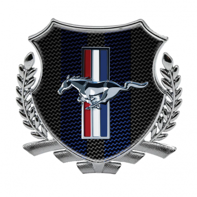 Ford Mustang Trunk Emblem Badge Silver Dark Carbon Blue Stripes Design