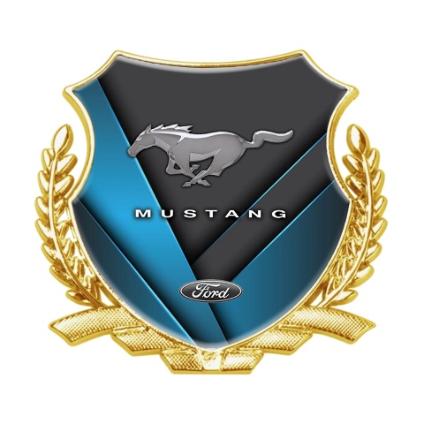 Ford Mustang 3D Car Metal Emblem Gold Crossed Blue Plates Classic Logo