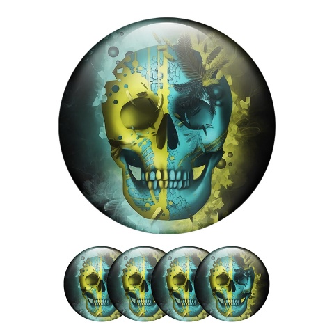 Skull Wheel Center Cap Domed Stickers  Two-Tone Front In Yellow And Blue 