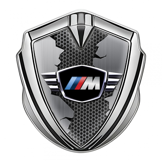 BMW M Power Trunk Metal Domed Emblem Silver Hex Grid Torn Metal