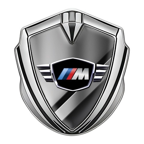 BMW M Power 3D Car Metal Domed Emblem Silver Diagonal Plate Design