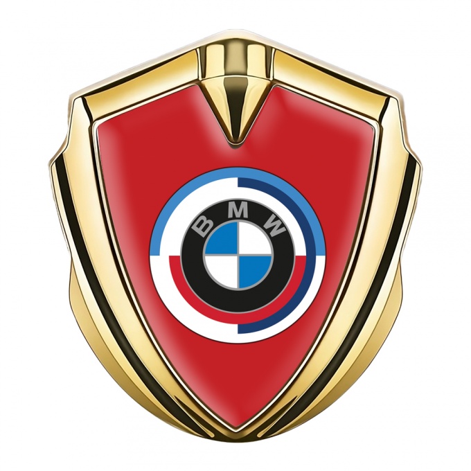 BMW 3D Car Metal Domed Emblem Gold Red Base Color Center Logo