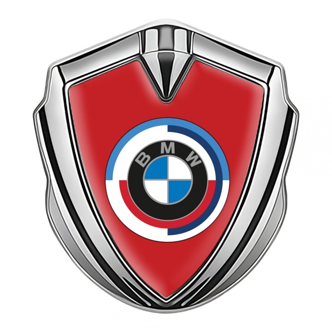 BMW 3D Car Metal Domed Emblem Silver Red Base Color Center Logo