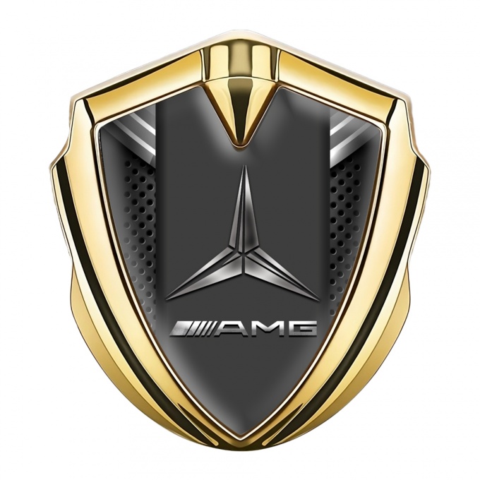 Mercedes AMG Fender Metal Domed Emblem Gold Dark Grate Grey Ribbon