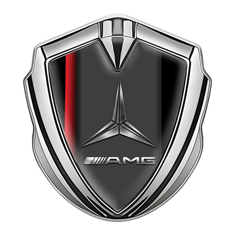 Mercedes AMG Metal Emblem Self Adhesive Silver Red Stripe Center Pilon