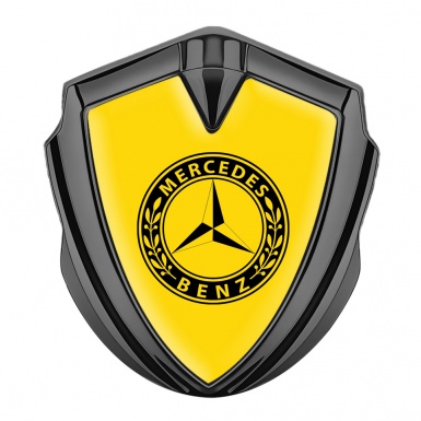 Mercedes Benz Fender Metal Domed Emblem Graphite Yellow Base Laurel Circle