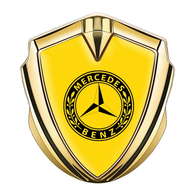 Mercedes Benz Fender Metal Domed Emblem Gold Yellow Base Laurel Circle