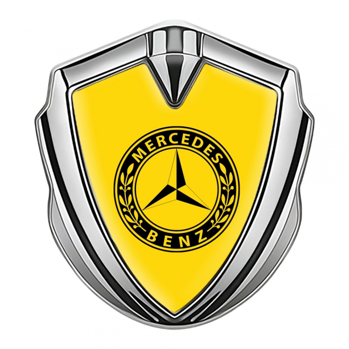 Mercedes Benz Fender Metal Domed Emblem Silver Yellow Base Laurel Circle