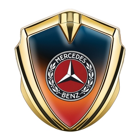 Mercedes Benz Emblem Abzeichen Goldtonfarbe mit Schillerndes Orangeblau Hintergrund Design