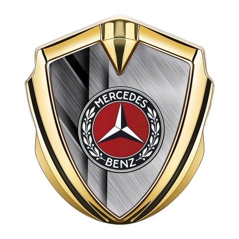 Mercedes Benz Abzeichen selbstklebend Goldtonfarbe mit Kreuzplatten Hintergrund und Rotes Kreis Logo