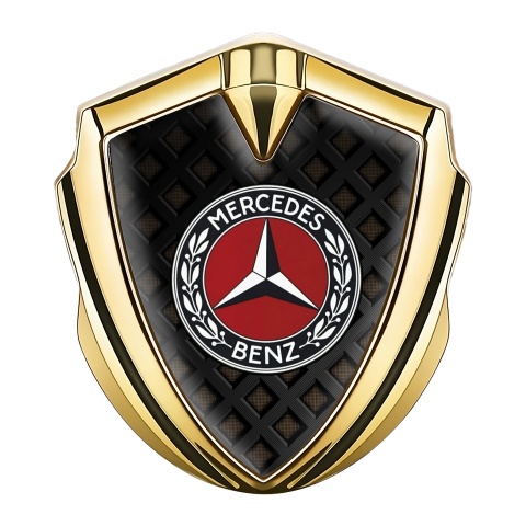 Mercedes Benz Emblem Logo Schriftzug Aufkleber mit Goldtonfarbe Schwarzes Netzwerk Basis Design und Rotes Kreis Logo