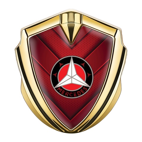 Mercedes 3D Car Metal Domed Emblem Gold V Shape Red Hex Plates 
