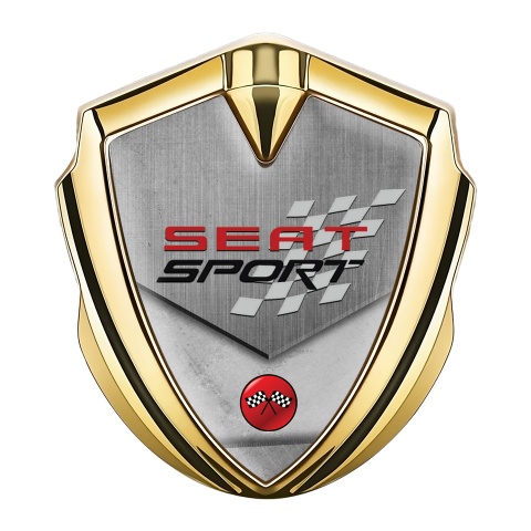 Seat Sport Abzeichen selbstklebend Goldtonfarbe Grau Textur Basis mit Rennflagge Logo