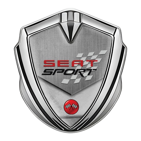 Seat Sport Abzeichen selbstklebend Silbertonfarbe Grau Textur Basis mit Rennflagge Logo