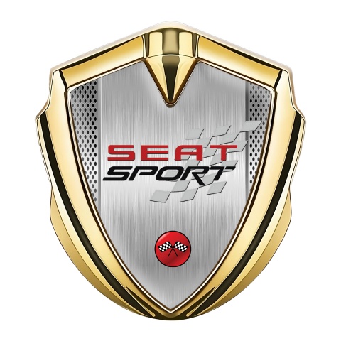 Seat Sport Emblem Abzeichen selbstklebend Goldtonfarbe Grau Mesh mit Metall panel und Racing logo