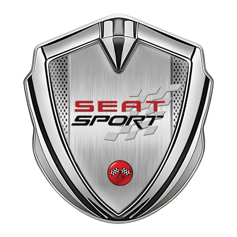 Seat Sport Emblem Abzeichen selbstklebend Silbertonfarbe Grau Mesh mit Metall panel und Racing logo
