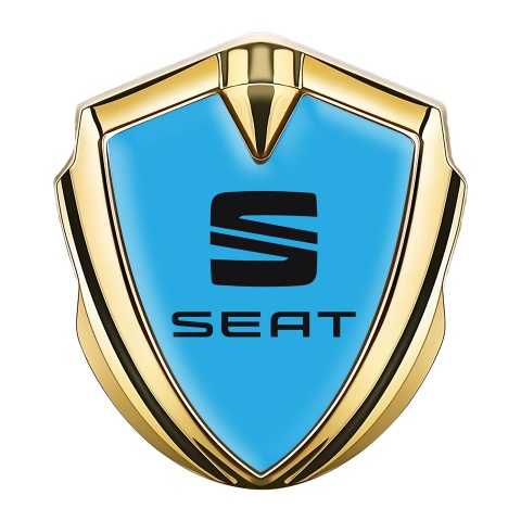Seat Emblem Abzeichen Goldtonfarbe Himmelblau Basis mit Schwarz Logo