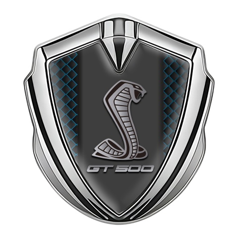 Ford Shelby Selbstklebendes Metallaufkleber Emblem Silbertonfarbe mit Blau Netz Basis und GT 500 Logo