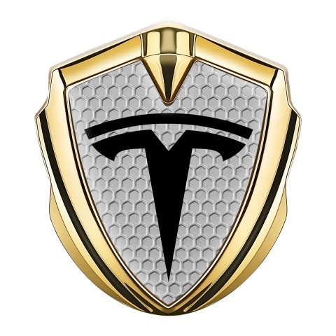 Tesla Selbstklebendes Metallaufkleber Emblem Goldtonfarbe Wabeneffekt mit Grosses Logo