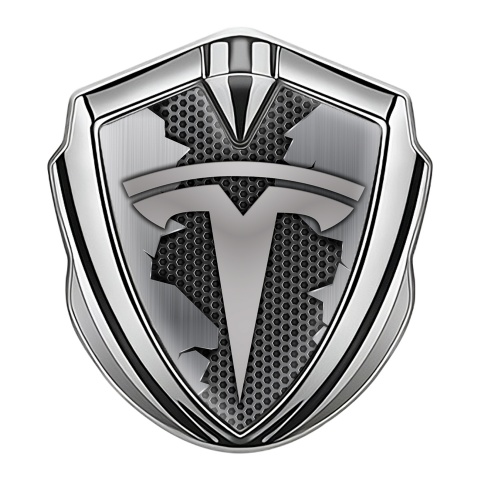Tesla Emblem Auto Zeichen Silbertonfarbe Gebrochenes Metall stil