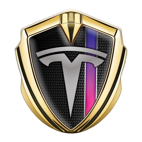 Tesla Emblem Aufkleber Autozubehor Goldtonfarbe Schwarz Carbon mit lila Band Stil