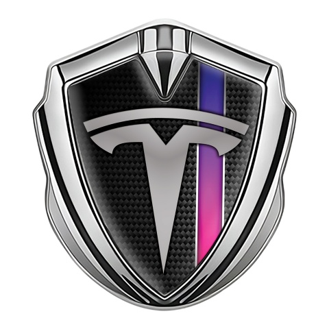 Tesla Emblem Aufkleber Autozubehor Silbertonfarbe Schwarz Carbon mit lila Band Stil