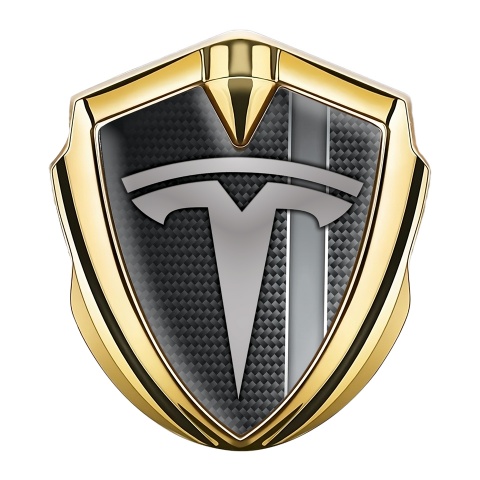 Tesla Emblem Logo Schriftzug Aufkleber Goldtonfarbe Grau Carbon mit Grau Band Stil