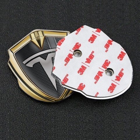 Tesla Emblem Logo Schriftzug Aufkleber Goldtonfarbe Grau Carbon mit Grau Band Stil