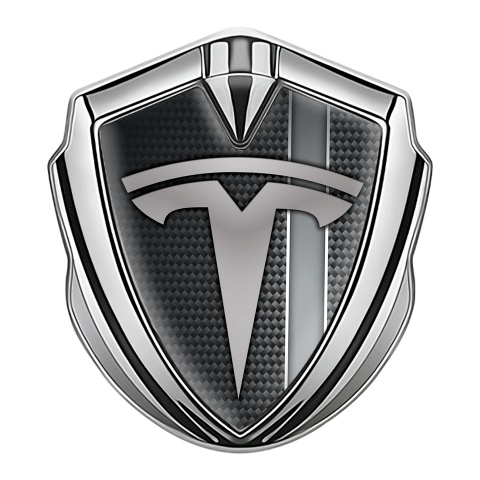 Tesla Emblem Logo Schriftzug Aufkleber Silbertonfarbe Grau Carbon mit Grau Band Stil
