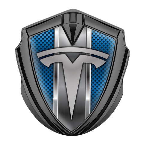 Tesla Emblem Abzeichen Graphit Tonfarbe Blau Mesh mit Metal Rahmen stil