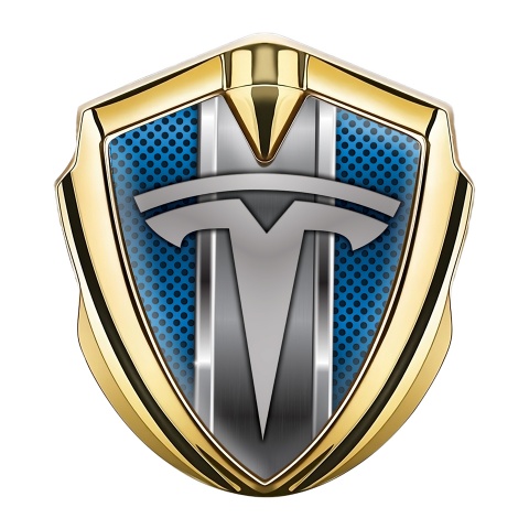 Tesla Emblem Abzeichen Goldtonfarbe Blau Mesh mit Metal Rahmen stil