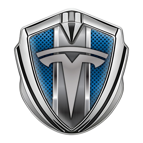 Tesla Emblem Abzeichen Silbertonfarbe Blau Mesh mit Metal Rahmen stil