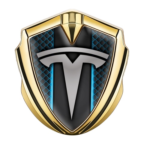 Tesla Emblem Auto Zeichen Goldtonfarbe Blau Neon Mesh Stil