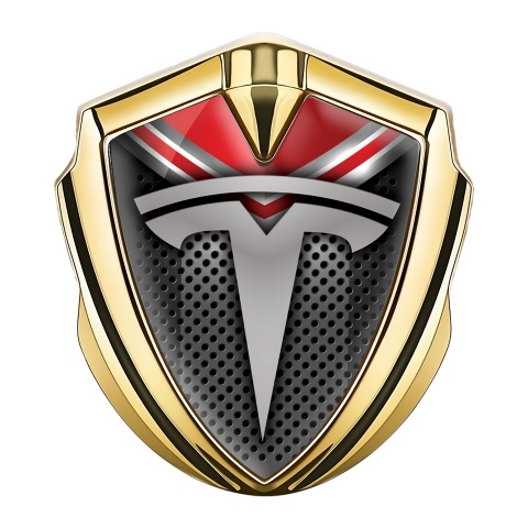 Tesla Emblem Aufkleber Autozubehor Goldtonfarbe Perforierter Basis mit Grau Rote Elemente Stil