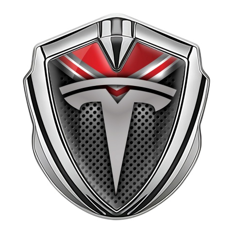 Tesla Emblem Aufkleber Autozubehor Silbertonfarbe Perforierter Basis mit Grau Rote Elemente Stil
