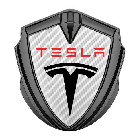 Tesla Selbstklebendes Metallaufkleber Emblem Graphit Tonfarbe Weiss carbon mit Rote logo