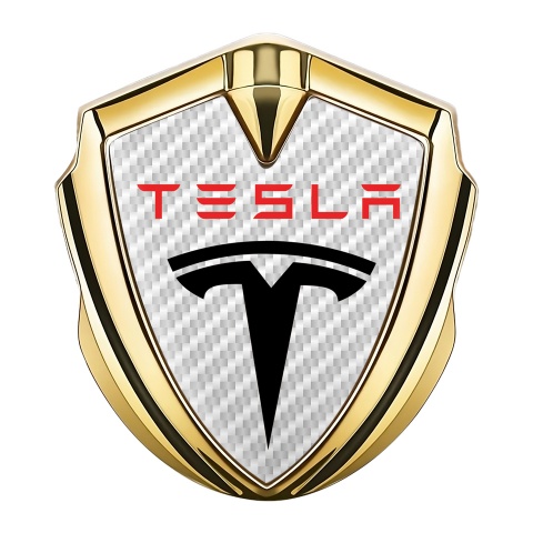 Tesla Selbstklebendes Metallaufkleber Emblem Goldtonfarbe Weiss carbon mit Rote logo