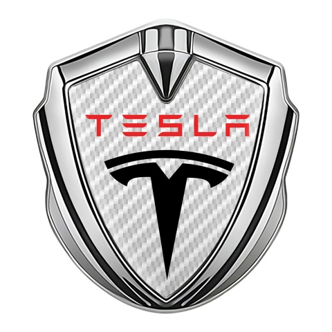 Tesla Selbstklebendes Metallaufkleber Emblem Silbertonfarbe Weiss carbon mit Rote logo