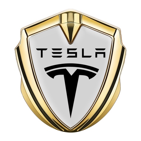 Tesla Seitenflugel Emblem Aufkleber Goldtonfarbe Grau Basis mit Schwarz Logo