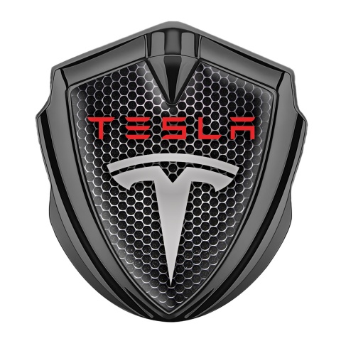 Tesla Emblem Abzeichen Graphit Tonfarbe Perforierter Stahl Mit Grau Rote logo