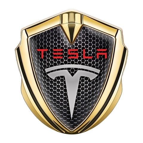 Tesla Emblem Abzeichen Goldtonfarbe Perforierter Stahl Mit Grau Rote logo