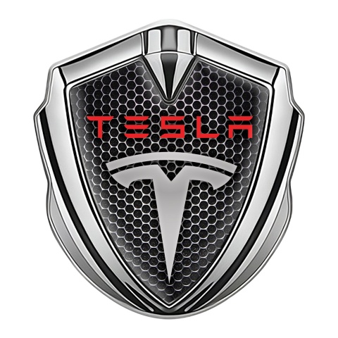 Tesla Emblem Abzeichen Silbertonfarbe Perforierter Stahl Mit Grau Rote logo